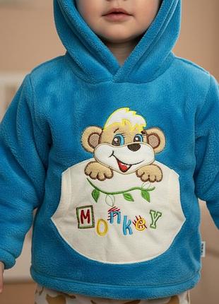 Кофта плюш с капюшоном синяя monkey (р 68-74)
