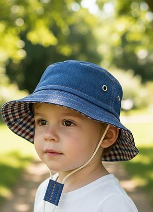 Детская панама джинс темный c клеточкой
