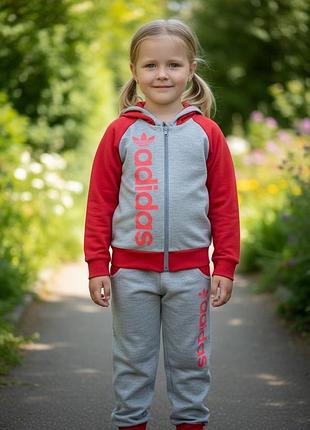 Детский спортивный костюм adidas с капюшоном меланж + красный, размер 98-104