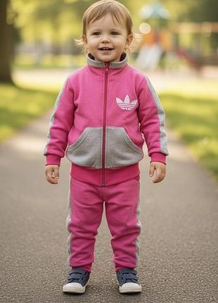 Дитячий спортивний костюм adidas малиновий + сірий меланж на блискавці, двонитка з начосом розмір 92-98