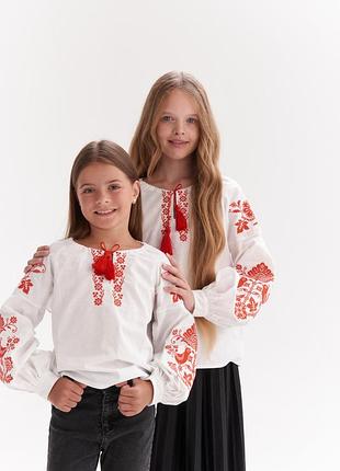 Вишиванка для дівчинки вишивка червона пташки 152