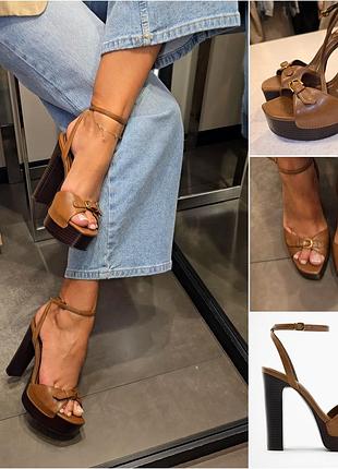Коричневі босоніжки на платформі та високому каблуці від zara.