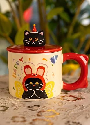 Чашка порцелянова з кришкою kitten's birthday 400 (мл) подарункова кружка прикольна чашка для дітей на подарунок рожевий fm-24c