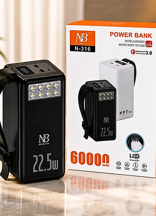 Павербанк 60000 mah neobatta n-316 быстрая зарядка 22.5w, мощный повербанк с фонариком