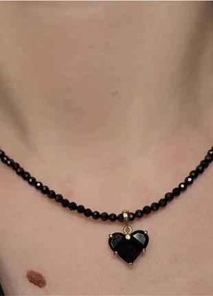 Чокер на шею сердце черные кристаллы камней с подвеской в ​​форме сердца ожерелье и сердцем