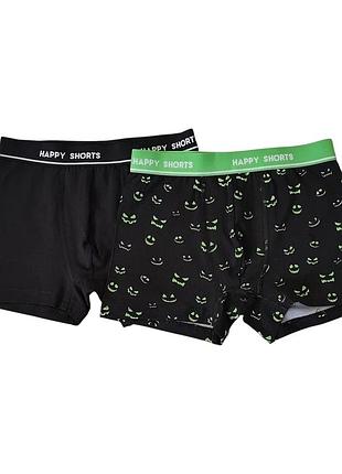 Набор трусики боксеры подростковые для парня 2 шт happy shorts, цвет черный с салатовым 158-164