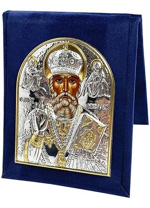 Срібна ікона св миколай з позолотою в оксамитовому чохлі-підставці, дорожна, карманна