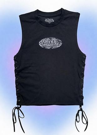 Топ безрукавка жіночий von dutch чорний у стилі y2k з логотипом, зі шнурівкою з боків