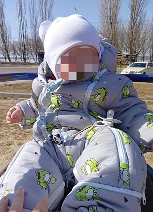 Зимовий комбінезон унісекс сірий з принтом динозаврів 0-12 місяців