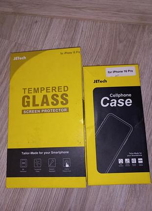 Комплект jetech 3в1 для iphone 16 pro: чохол + захисне скло на екран (2 шт) та камеру (2 шт)