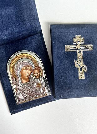 Ікона матір божа срібло з позолотою silver axion в оксамитовому футлярі — подарункова, карманна, складень