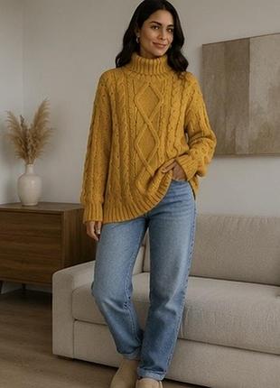 Primark -гірчичний светр-гольф з косами, теплий оверсайз m