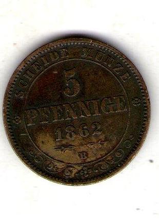 Германия королевство саксония иоганн 5 пфенигов, 1862 год медь, 7.4g, ø 25mm no3953