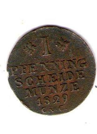 Германия брауншвейг фрейство брауншвейг 1 пфениг, 1829 год медь, 2g, ø 20mm no3829