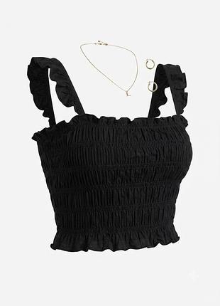 Черный фактурный кроп-топ primark с рюшами и бретелями, размер uk 12/14 (m)
