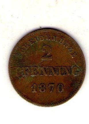 Германия королевство бавария 2 пфенига, 1870 год медь, 2.5g, ø 20mm no1972