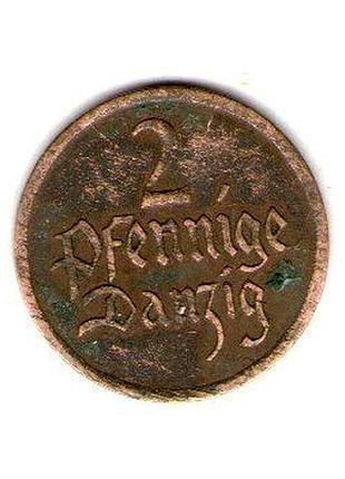 Германия данциг ø свободный город данциг 2 пфенига, 1923 год бронза, 2.5g, ø 19.5mm no3840