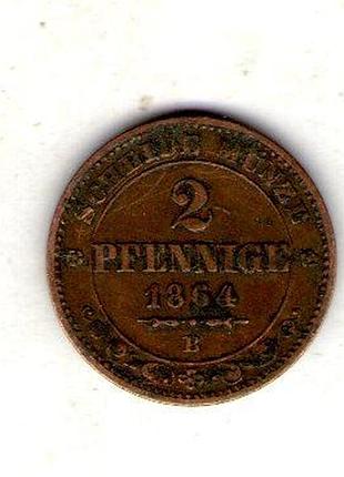Германия королевство саксония иоганн 2 пфенига, 1864 год медь, 2.9g, ø 19mm no2006