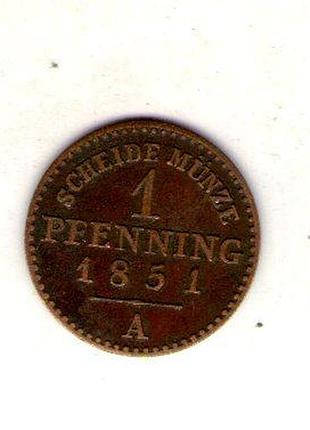 Германия кн функционирование липпе леопольд iii 1 пфиниг, 1851 год медь, 1.45g, ø 17.7mm no3807