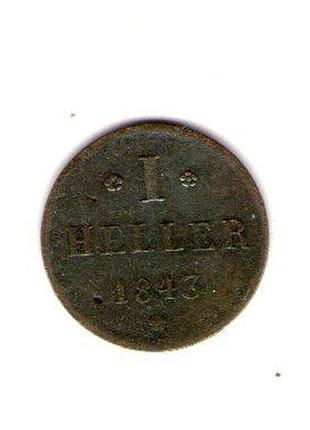 Германия большое герцогство гессен-дармштадт людвиг ii 1 геллер, 1843 год медь, 1.3g, ø 17.2mm no3595