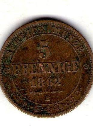 Германия королевство саксония иоганн 5 пфенигов, 1862 год медь, 7.4g, ø 25mm no3805