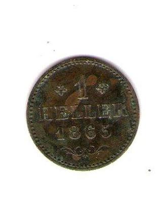 Германия франкфурт ø свободный город франкфурт 1 геллер, 1865 год медь, 1.27g, ø 17mm no3832