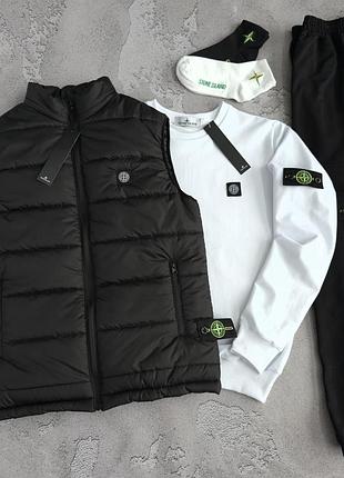 Жилетка stone island с патчем + свитшот белый стон айленд + штаны костюм демисезон на весне / лето / осень