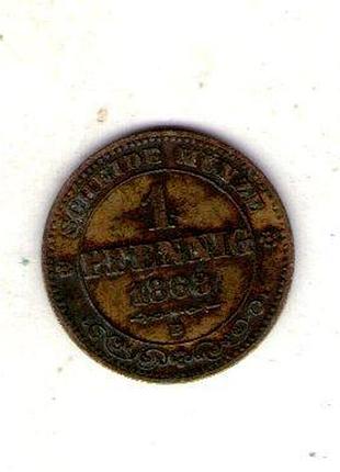 Германия королевство саксония иоганн 1 пфениг, 1863 год медь, 1.5g, ø 17mm no3809