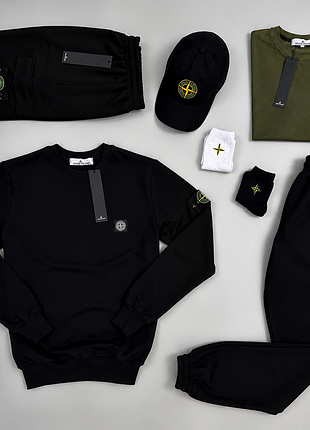 Спортивный мужской костюм stone island с патчем свитшот + футболка хаки + брюки + шорты стон айленд демисезон