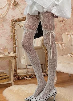 Ніжні ажурні колготки з імітацією гатерів та бантами у стилі lolita / coquette
