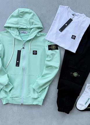 Спортивний костюм stone island з патчем мятна кофта стон айленд + штани чорні + біла футболка демісезон