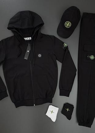 Костюм спортивный мужской черный stone island с патчем на весна / лето / осень кофта + брюки + кепка-тон айленд