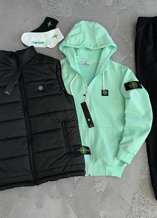 Спортивний костюм stone island з патчем жилетка + м'ятне худі на блискавці + штани стон айленд демісезон xs / s / m / l / xl / xxl / xxxl