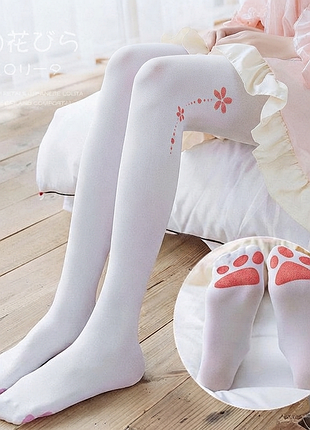 Білі панчохи заколінники з принтом котячі лапки kawaii lolita