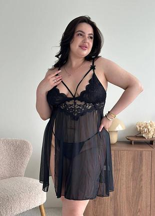 Do4072 чорний пеньюар сорочка plus size з мереживом і вирізами