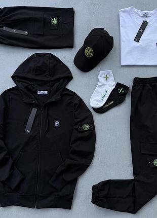Мужской спортивный костюм stone island 5в1 с патчем зепка + футболка + брюки + шорты + кепка-тон айленд на весна / лето/осень
