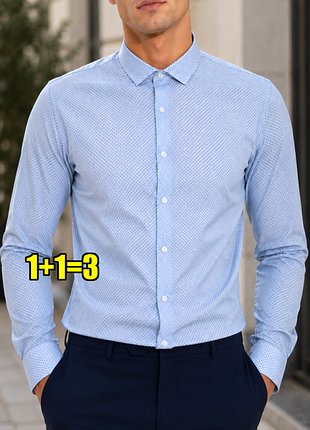 😉1+1=3 голубая приталенная рубашка marks &amp; spencer, размер 44 - 46