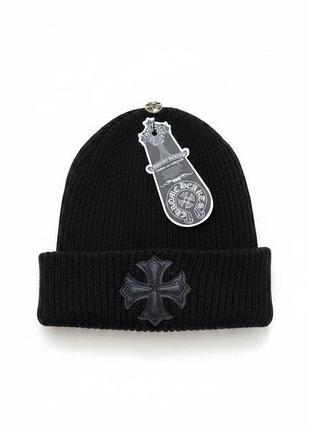Женская черная вязаная шапка стиля chrome hearts хром хартс зимняя