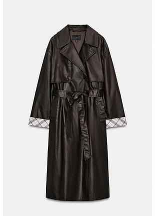 Довгий вощений тренч у клітинку s/m/l | темно-коричневий zara