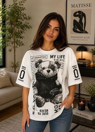 Базовая футболка "oversize" с стильным накатом медвежонки