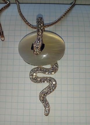 Шикарное колье кулон подвеска змея 🐍 кобра из натурального камня кошачий глаз серый серебристый большой