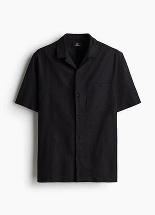 Чоловіча сорочка h&m чорна з коротким рукавом лляна, розмір l