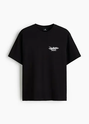 Футболка h&m m, l чоловіча вільного крою, чорна з принтом