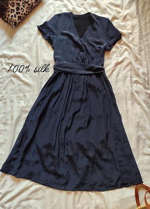 100% silk синее шелковое платье миди длинное матовый шелк темно-синяя sole летнее с карманами шелковое