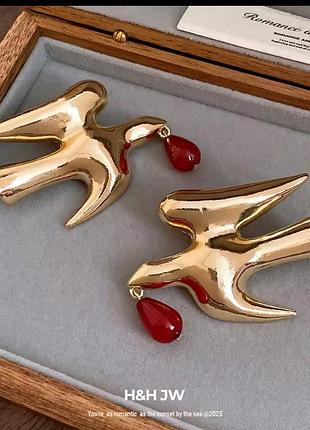 Акцентні сережки золоті птахи сережки (statement earrings) у формі летючих чайок чи ластівок подіумні сережки