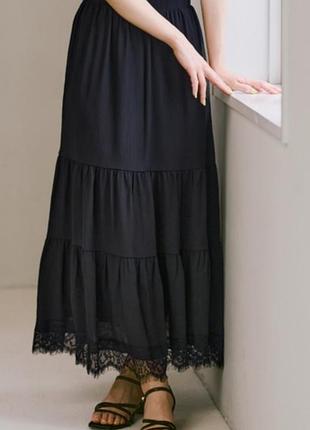 Красивая черная ярусная юбка миди/макси с кружевом внизу от shein 🖤🖤