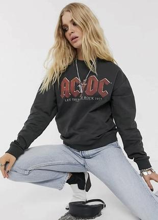 Графітовий світшот з принтом acdc, графітовий світшот в рокерському стилі, темно сірий світшот, розмір m-l
