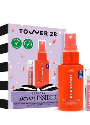 Tower 28 beauty  everyday must duo набір:  спрей sos daily rescue та блиск для губ shineon lip jelly.