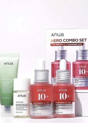 Набір для догляду за шкірою anua hero combo set 2 сироватки по 30 мл + пінка + гідрофільна олія