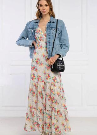 Хлопковое платье макси  pepe jeans fionas с цветочным принтом /15389/ перекрещивающимися бретелями на спине